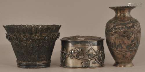Lot of three pieces of silver. 19th century.  To include: (1) Chinese covered box. 3-1/2