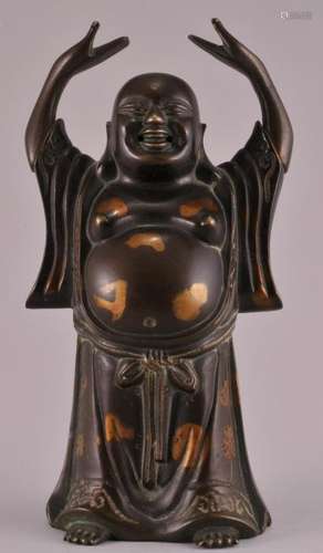 Late 19th century Chinese bronze standing Buddha with sun splashed gold decoration. 6-1/2