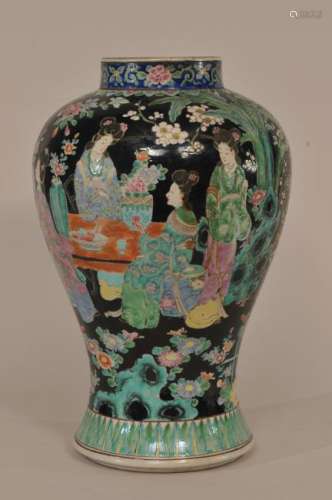 Porcelain baluster vase. Japan. Early 20th century. Famille Noir decoration of women in a flower garden. 15
