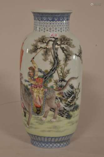 Porcelain vase. China. Hung Hsien mark. (1915) and probably of the period. Famille Rose enamels with an immortal riding a mythical animal with a flag bearing attendant. Signed on one wide with three seals.  8