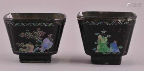Pair of 18th century Chinese Lac Burgatte square lacquer cups with landscape and figural decoration. 2-1/8