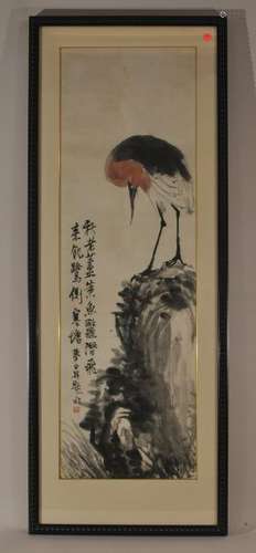 Scroll painting. China. Signed Meng Pai. Ink and slight colour on paper. Scene of an egret. 41