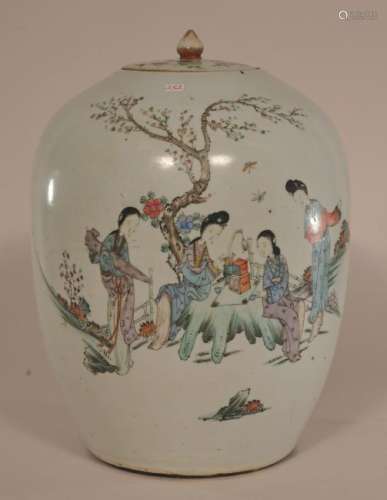 Porcelain covered jar. China. Circa 1930. Oviform shape. Famille Rose decoration of women. 12
