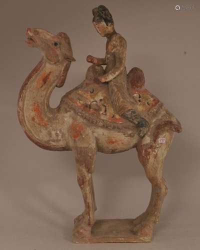 Pottery tomb figure. China. T'ang style but 20th century. Rider on camel back. Traces of pigment remaining.   11