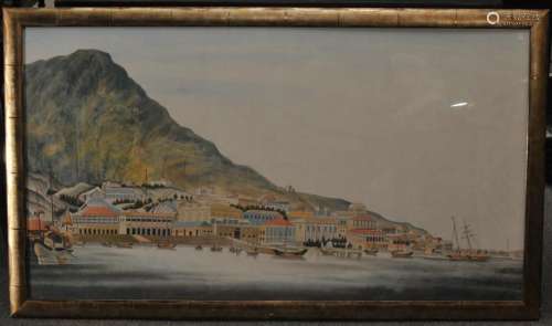 Large Chinese Export style watercolor painting of Hong Kong harbor depicting ships and warehouses. Framed. Overall size: 34-1/2