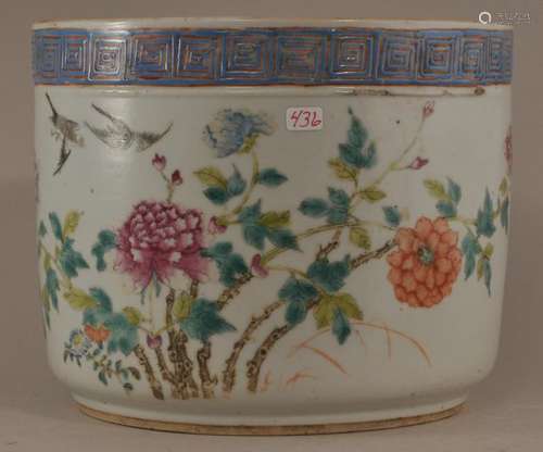 Porcelain censer. China. 19th century. Cylindrical form with birds and flowers in Famille Rose enamels.  5-7/8