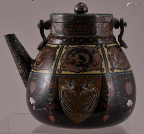 Cloisonne teapot. Japan. Meiji period. (1868-1912). Decoration of dragons, phoenixes and flowers on a goldstone ground. 4-1/2