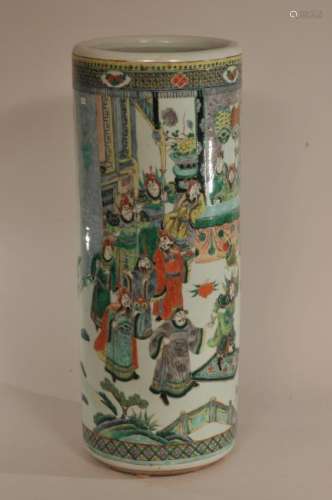 Porcelain umbrella stand. China. 19th century Famille Verte Decoration.   23-1/2