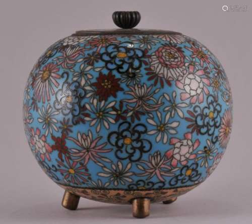 Japanese small round covered Cloisonne footed jar. All over enamel floral decoration. 4