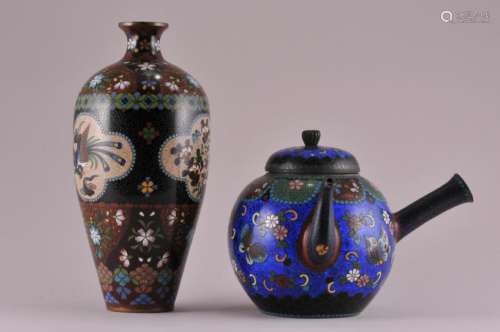 Two Japanese Cloisonne pieces. (1) Vase with bird and floral decoration. 7-1/2