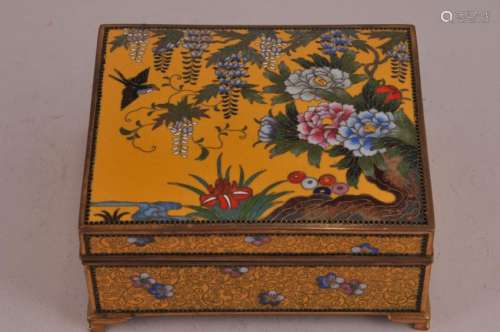 Cloisonne box. Japan. Circa 1920. Signed Ando. Yellow ground with a decoration of birds and flowers.   4-1/4