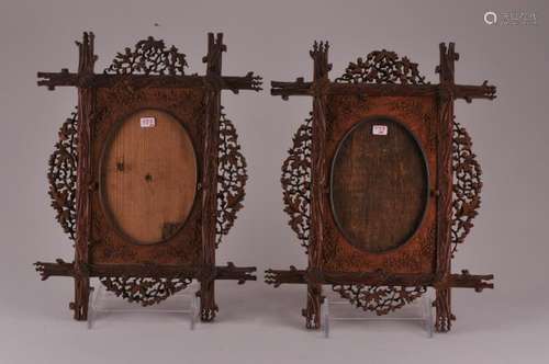 Pair of 19th century Chinese Export carved sandalwood frames. Small areas of loss to carvings. 10-1/2