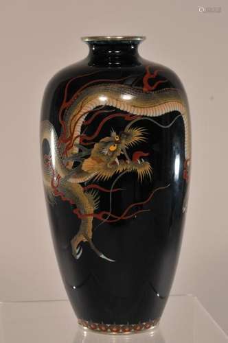 Fine quality Japanese Cloisonne silver wire dragon decorated vase with silver top and base. 6