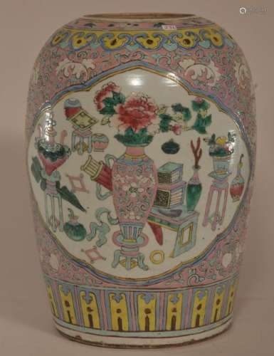 Early 20th century Chinese porcelain Famille Rose decorated jar. Missing cover. Antiquities decoration. 12