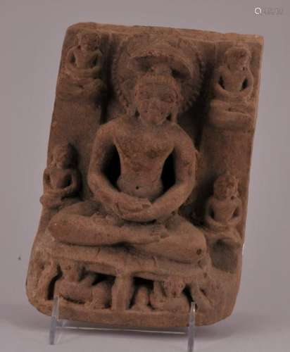 Red sandstone carving. India. 13th century. Jain figure of an enthroned Jina with four devotees. 8