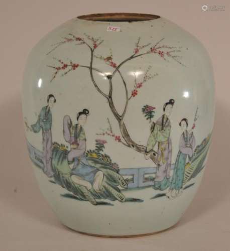 Porcelain covered jar. China. Circa 1930. Ovoid form. Famille Rose decoration of women beneath a flowering tree.  10
