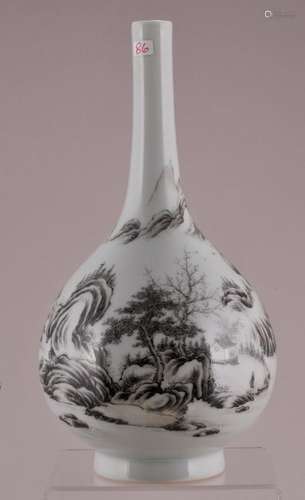 Porcelain vase. China. Early 20th century. Bottle form. Sepia decoration of a landscape with a hermitage. Yung Cheng underglaze blue mark on the base.   9 3/4