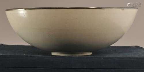 Porcelain bowl with silver rim in box. Japan. 19th century. Ting type. Old papers. Bowl- 10-1/4