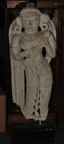 Carved white sandstone sculpture. India. 19th century. Standing Deity with a musical instrument. Statue height- 27