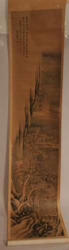 Hanging scroll. Ink and slight colour on textile. Winter landscape. China. Dated Ch'ien Lung but is 19th century. 71-1/2