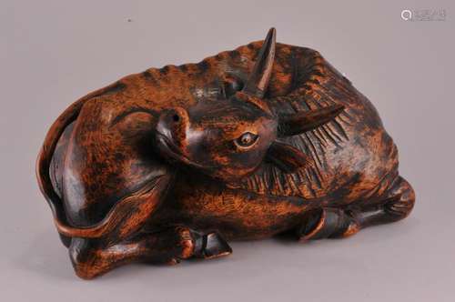 Late 19th century carved wood Recumbent Buffalo. Inscription on base. 10