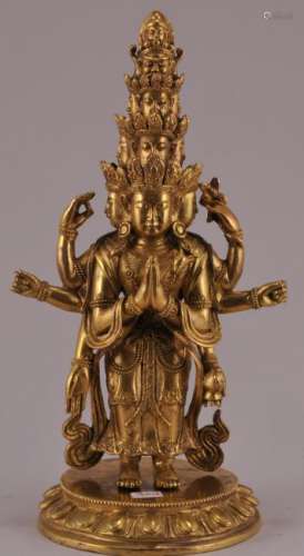 Gilt bronze Buddha. China. 19th century. Figure of Ekadasuralokeshvara. 9