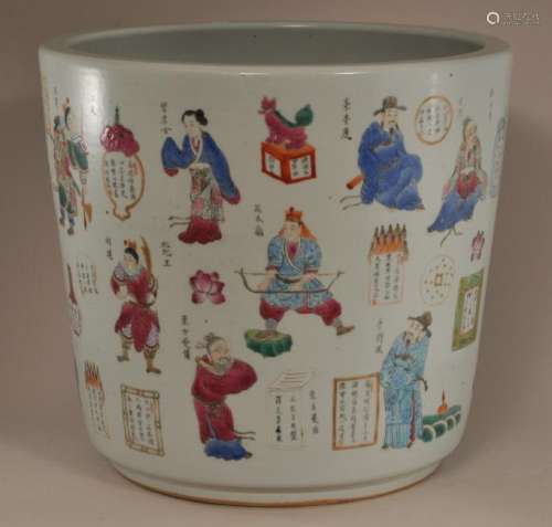 Porcelain planter. China. Early 20th Century. Famille rose decoration of historical role actors with texts. 13