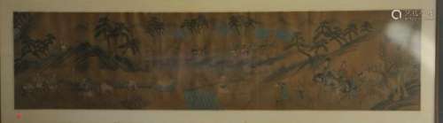 Framed scroll painting. Chinese. 19th Century or earlier. Depicting a hunt scene.  Sight size 20 x 40