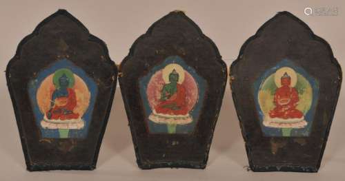 Three panels from a Tantric crown. Tibet. 19th century. Brocade and paper. Painted figures of various Buddhas.   Image size: 3-1/2 x 3