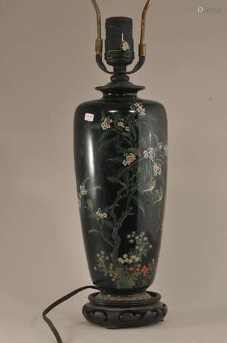 Cloisonne vase. Japan. Early 20th century. Midnight blue ground. Decoration of birds and flowers. Drilled and mounted as a lamp. Vase- 9-1/2