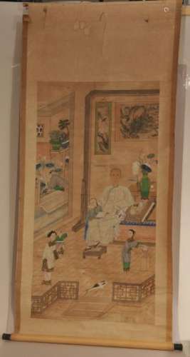 Hanging scroll. China. 19th century. Ancestor portrait. Scene of a man, his wife and three children with a servant and a crane. 46-1/2
