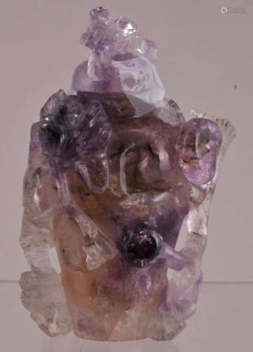 Hardstone covered jar. China. Early 20th century. Amethyst carved with flowers and foliage. 4-1/4