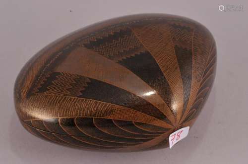 Lacquer box. Japan. Clam shell shape. Surface lacquered as the natural clam shell. Interior with a landscape.  4