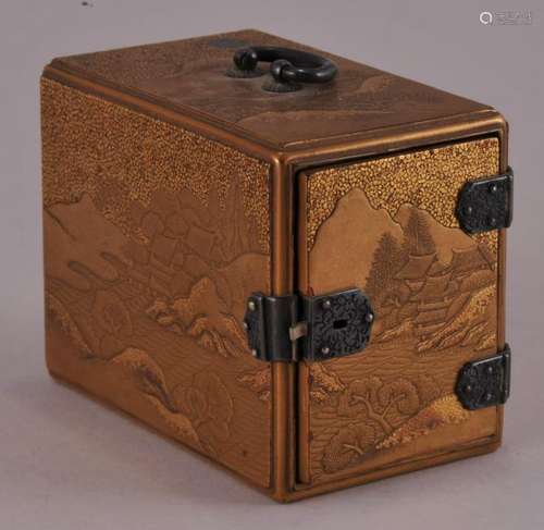 Miniature cabinet. Japan. 19th century. Lacquered surface. Gold with togidashi and a landscape in Hiramaki. Silver mounts.  3