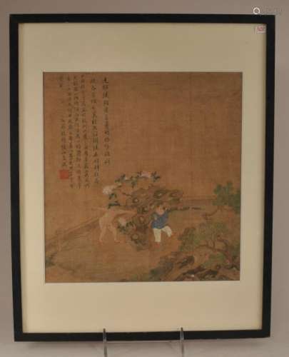 Album leaf. China. 18th century. Ink and colours on silk. Scene of two children playing. Sight size: 10