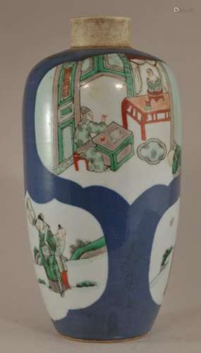 Porcelain jar.  China. 19th century. Famille Verte reserves on a powder blue ground.  8-3/4