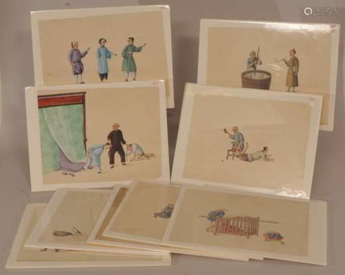 Lot of nine Chinese Export paintings on paper depicting various torture and admonishment scenes. Unframed and plastic wrapped. Sight sizes vary from 7-1/2