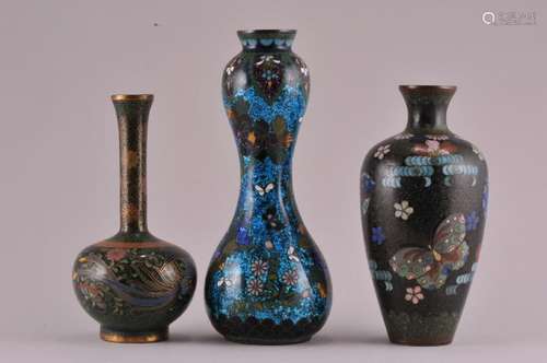 Three Japanese Cloisonne vases. Tallest- 6