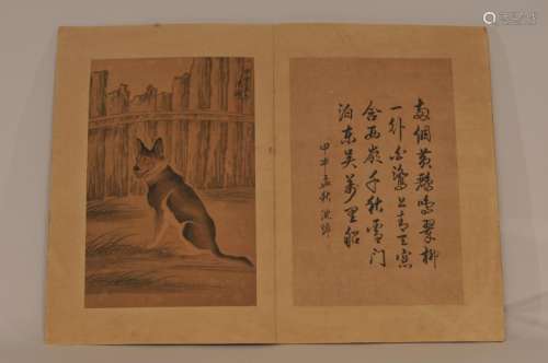 19th century Chinese Album of six dog paintings after Castiglione. Each signed with script signature and seal. Each accompanied by full page inscription and seal. Overall size: 17-3/4