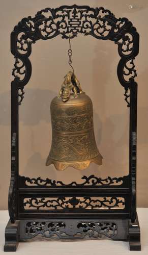 Bronze bell on stand. China. Early 20th century. Carved hardwood stand.   bell 9