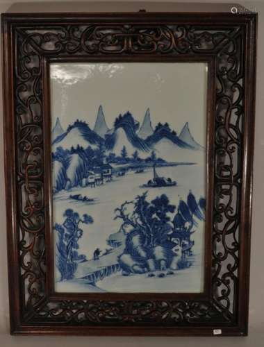 19th century Chinese blue and white porcelain plaque. Mountain and river landscape decoration. Carved pierced frame. Plaque- 15