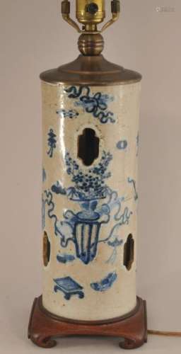 19th century Chinese Oatmeal crackle glaze hat stand with blue and white antiquities decoration. Mounted as a lamp. Hat stand- 11