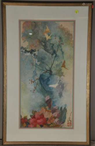 Painting. China. Ink and colours on paper. Pang Tseng Ying (1916-1997). Birds and flowers. Sight size: 25-1/2