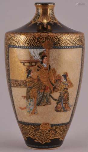 Fine quality miniature Japanese Satsuma ware vase with Samurai and women decorated panels. Gilt and floral decoration. Signed on base. 3-3/4