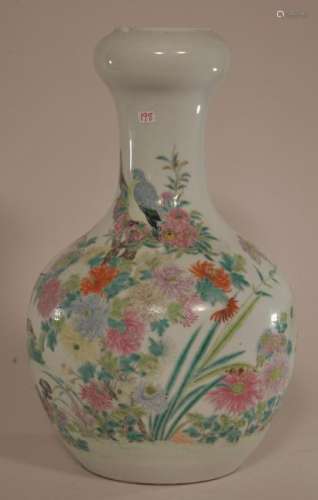 Porcelain vase. China. Early 20th century. Garlic mouth. Famille Rose decoration of birds and flowers. Chip and drilled as a lamp.   12 1/4