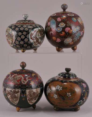 Four Japanese Cloisonne round footed covered jars. Tallest- 4-1/2
