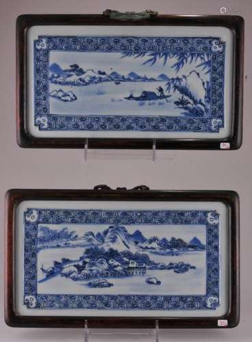 Pair of Chinese blue and white porcelain plaques. Landscape decoration. Late Qing Dynasty. Framed. Size: 7-1/4