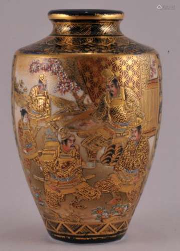 Fine quality miniature Japanese Satsuma ware vase with Samurai and women decorated panels. Gilt and floral decoration. Signed on base. 3-7/8