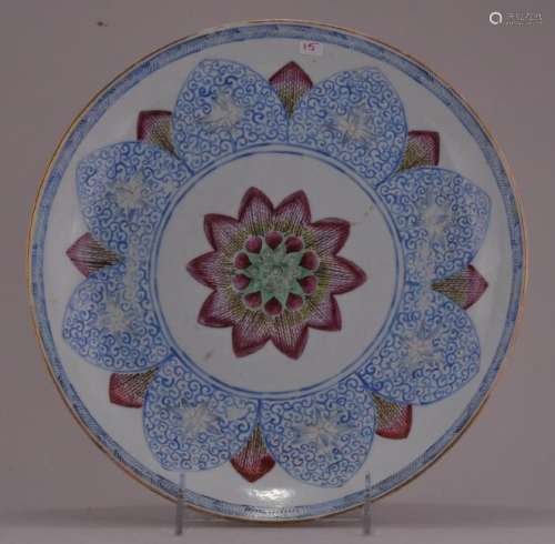 Porcelain plate. China. 18th century. Famille Rose decoration of an open lotus flower.   10