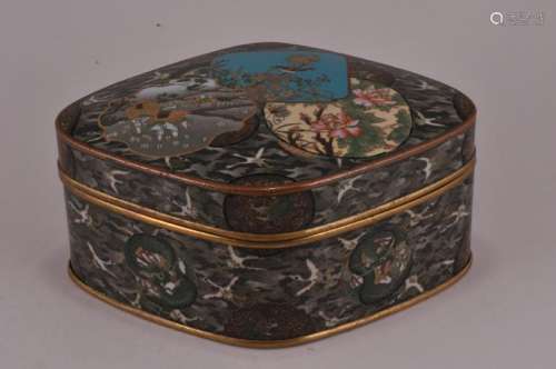 Japanese silver wire diamond shape Cloisonne covered box. Early 20th century.  Landscape, birds and floral medallion decoration against a gray ground of flying cranes. 6